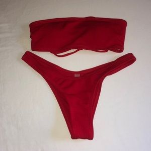 High cut ribbed bandeau bikini set